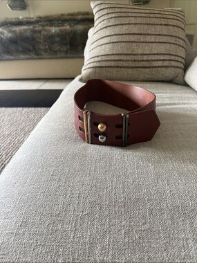 Fendi Wide Brown Leather Belt Cuff with Mixed Metal Studs